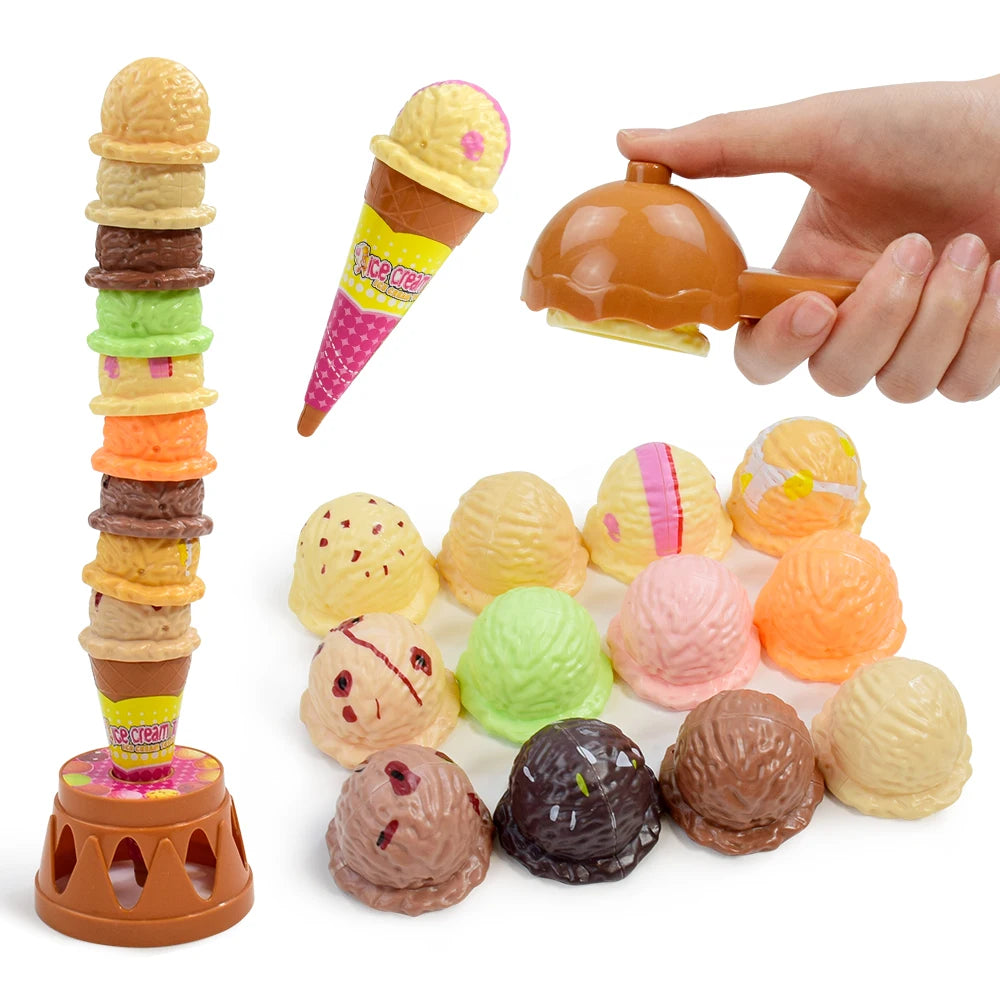 A hand is holding a pretend play ice cream stacking toy set featuring various colored and textured ice cream shapes.
