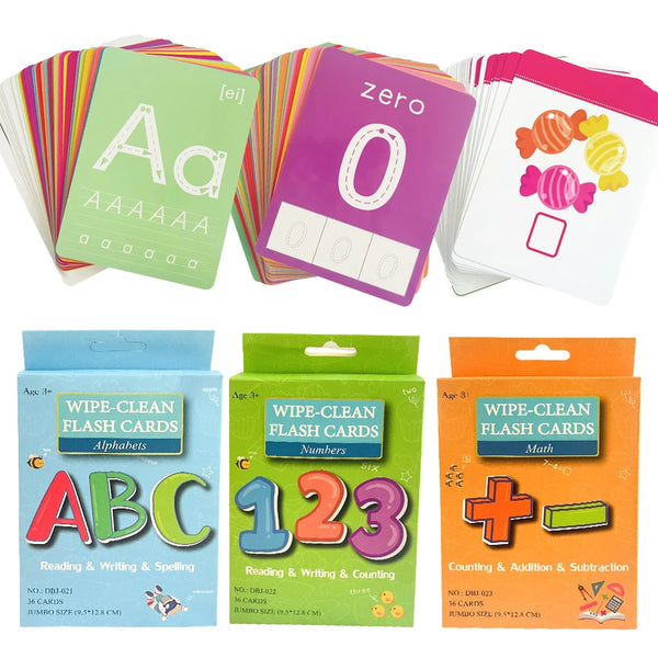 A set of colorful flashcards for kids featuring letters, numbers, and math concepts like addition and subtraction