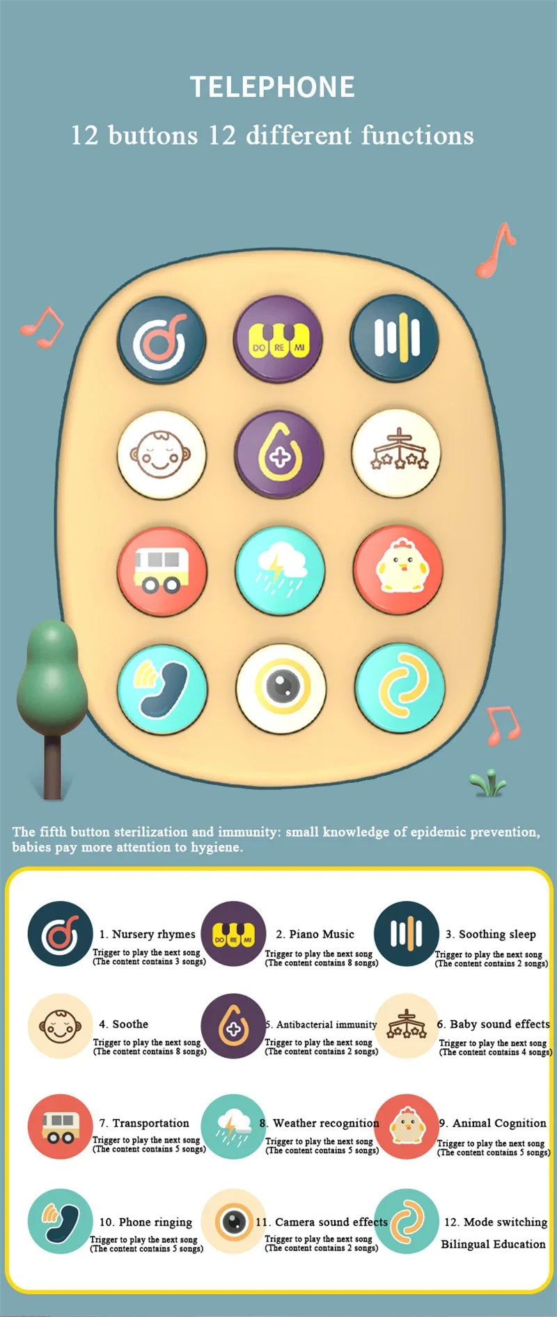 A beige phone toy with 12 buttons for different functions, including nursery rhymes, music, and sound effects.