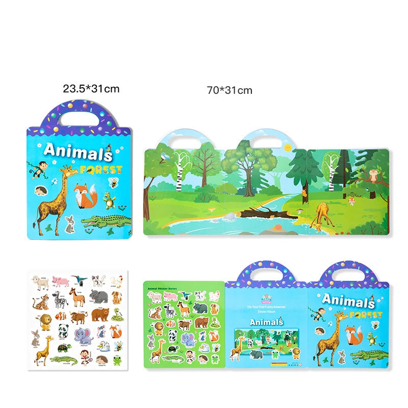 A set of reusable cartoon sticker books featuring various animals and forest scenes for children.