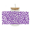 Clear glass jar with a lid and a straw, wrapped in purple leopard print transfer stickers.