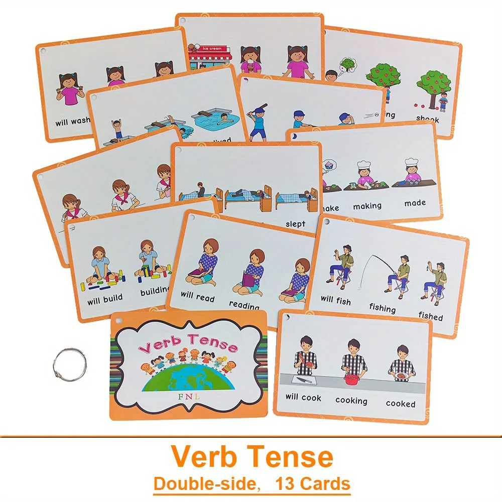 A set of thirteen double-sided verb tense flashcards for children showing various actions and related vocabulary.