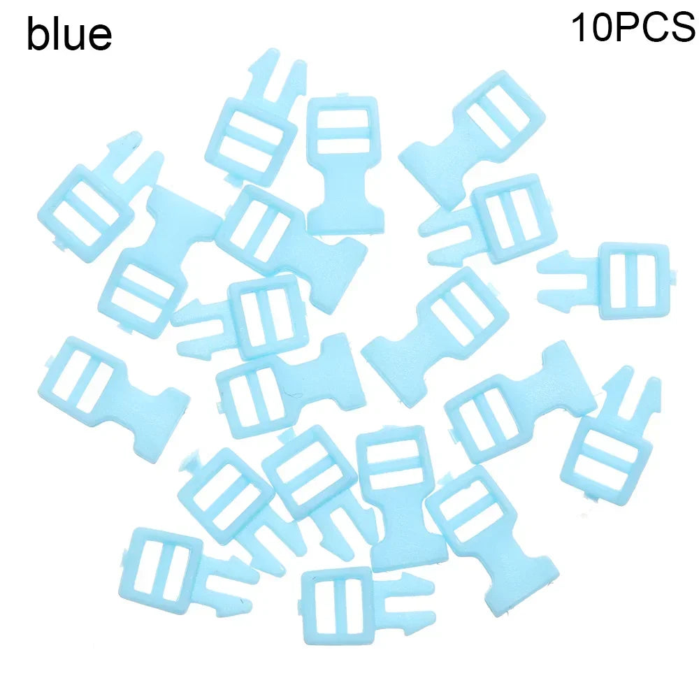 A collection of ten blue mini plastic buckles for DIY crafts and outdoor gear.