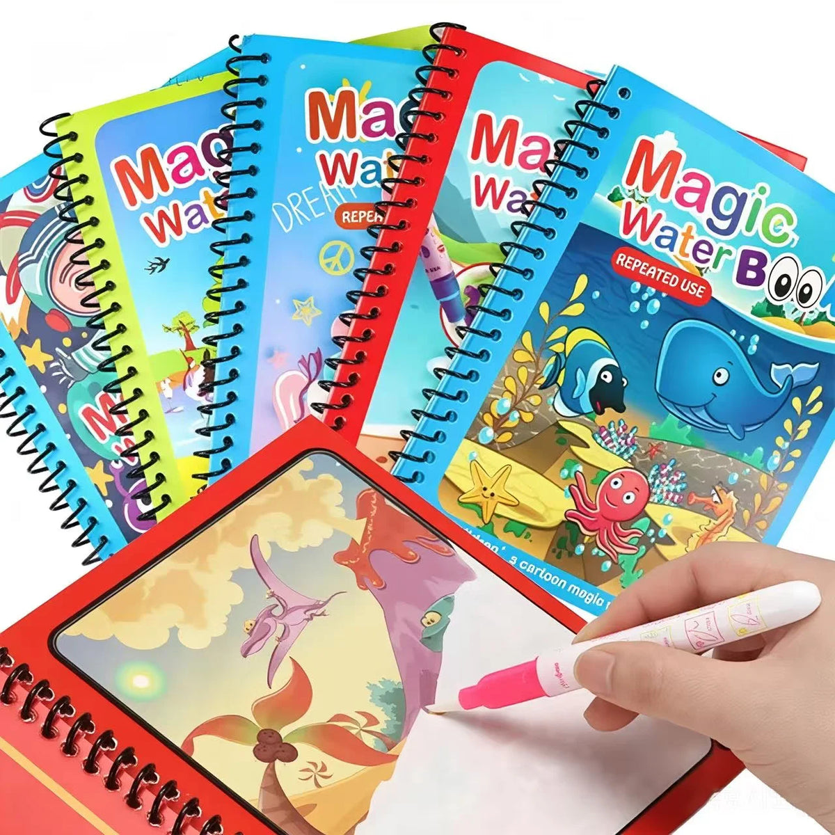 A colorful reusable water drawing book with a magic water pen and pages showing watercolor illustrations.