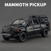 A black diecast model of a RAM TRX pickup truck with a black roof and off-road tires.
