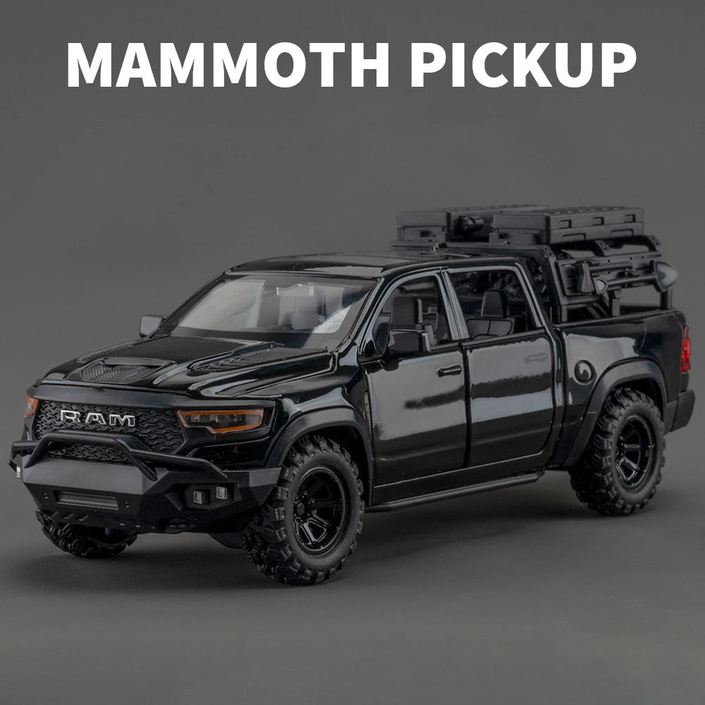 A black diecast model of a RAM TRX pickup truck with a black roof and off-road tires.