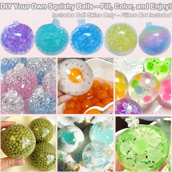 A collection of colorful squishy balls made from various materials including silicone, gel, and foam.