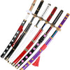 A collection of nine wooden swords resembling katana blades with various colored hilts and fittings for cosplay.