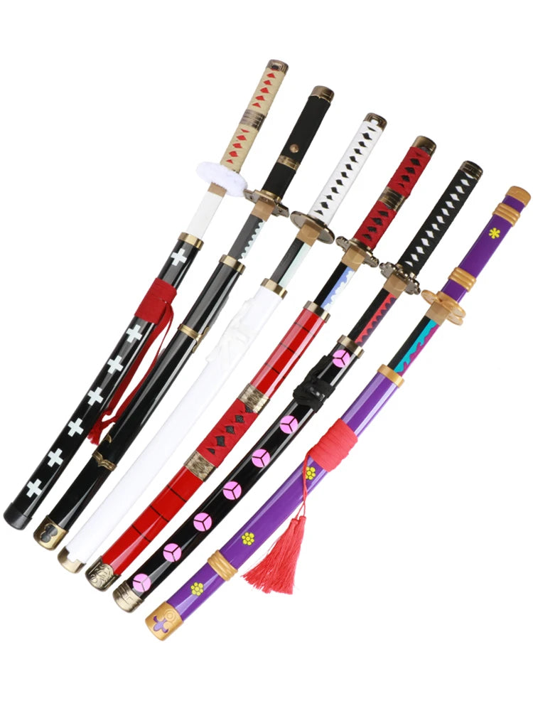 A collection of nine wooden swords resembling katana blades with various colored hilts and fittings for cosplay.