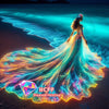 A vibrant diamond painting featuring a woman in a flowing gown against a sea background.