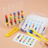 A set of wooden clip beads in various colors stacked in clear test tubes with yellow tweezers and a plastic storage box.