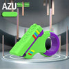 A bright green magnetic fidget push card with a purple spinner is displayed on a gray surface.