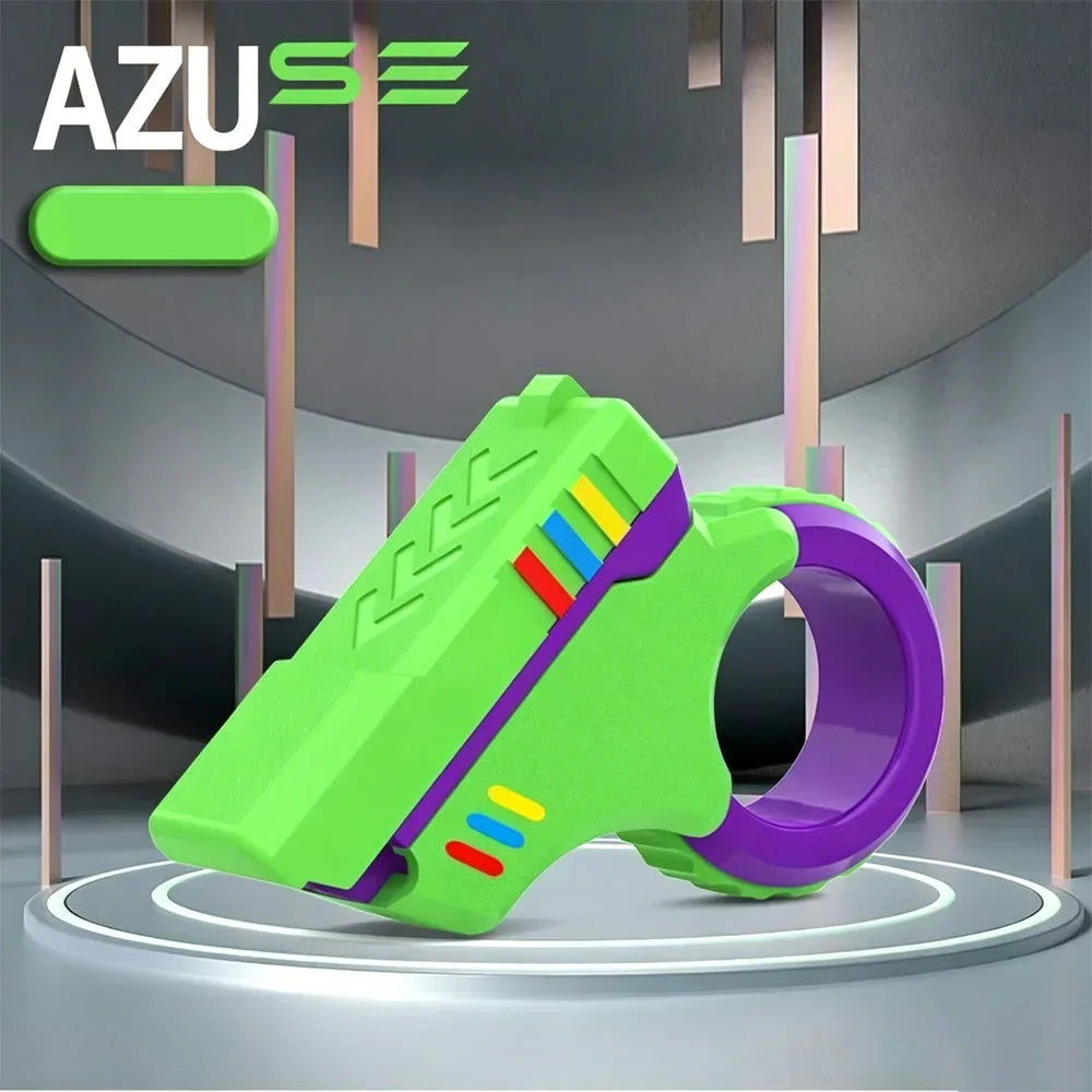 A bright green magnetic fidget push card with a purple spinner is displayed on a gray surface.