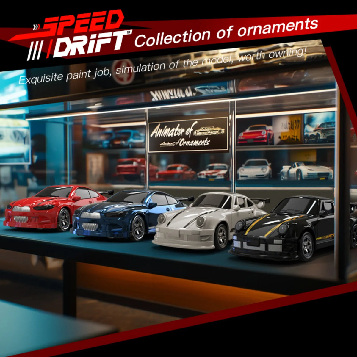 A collection of miniature drift cars and ornaments displayed in a glass cabinet.