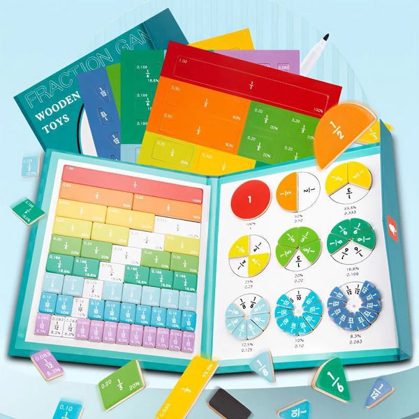 A collection of colorful magnetic fraction tiles and educational materials for math learning