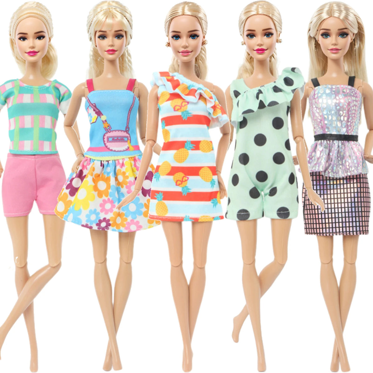 Five dolls wearing colorful casual outfits including tops, skirts, and shorts