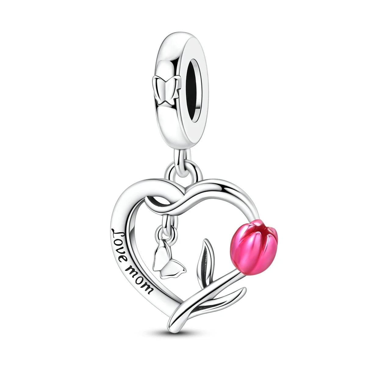 Silver-Plated Heart Charm Bead with Cubic Zirconia for Bracelets and DIY Jewelry