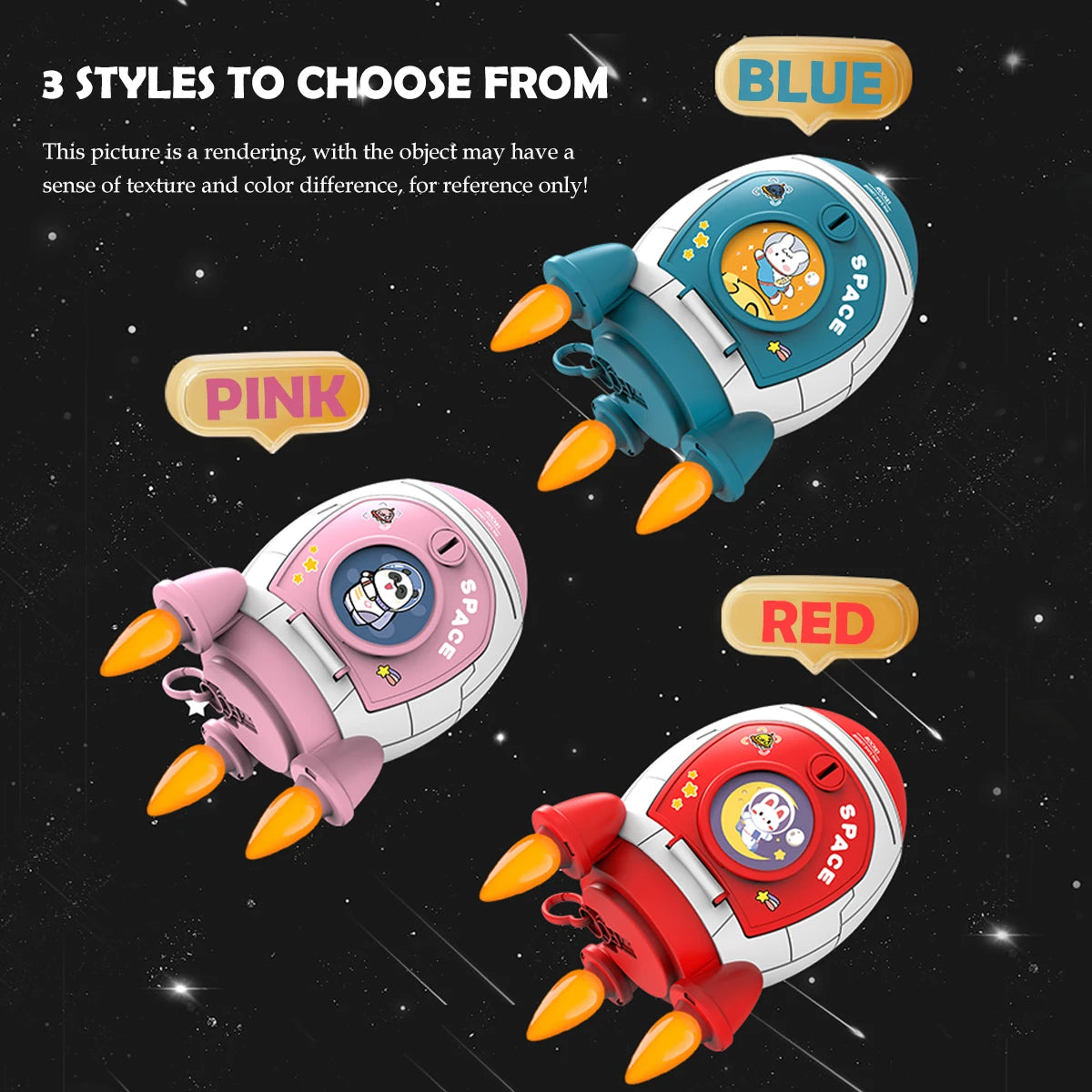 Three styles of a rocket spacecraft piggy bank with key lock in blue, pink, and red colors against a dark space background.