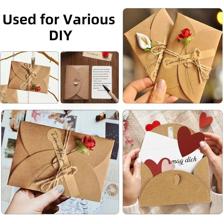 Two kraft paper envelopes tied with twine and a rose, used for DIY gifts.