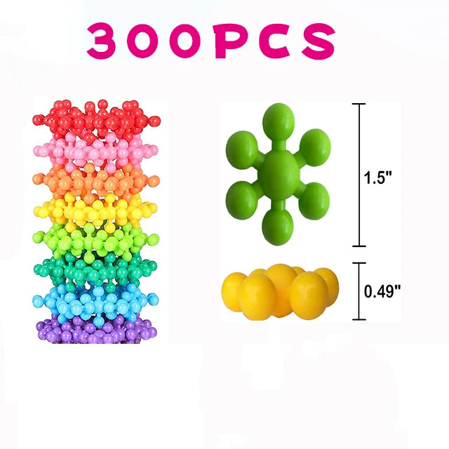 A set of 300 colorful, spherical building blocks in various shades of pink, orange, yellow, green, and blue.