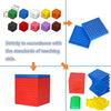 A set of linking cubes in various colors and shapes, including a blue grid and yellow cubes.