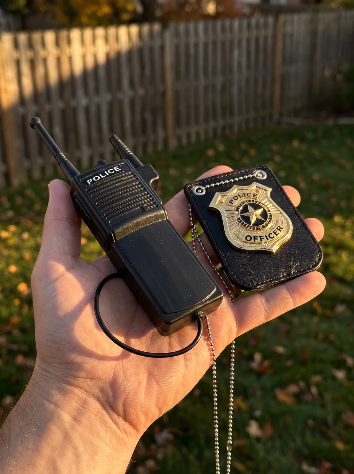 A hand holds a black walkie-talkie and a gold police officer badge accessory set.