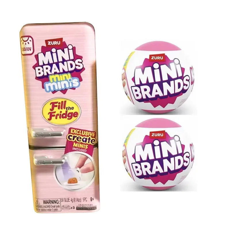A pink LED light-up mini fridge playset with food accessories and a white ball featuring Mini Brands