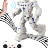 A white, humanoid robot toy with blue accents is shown next to its corresponding remote control controller.
