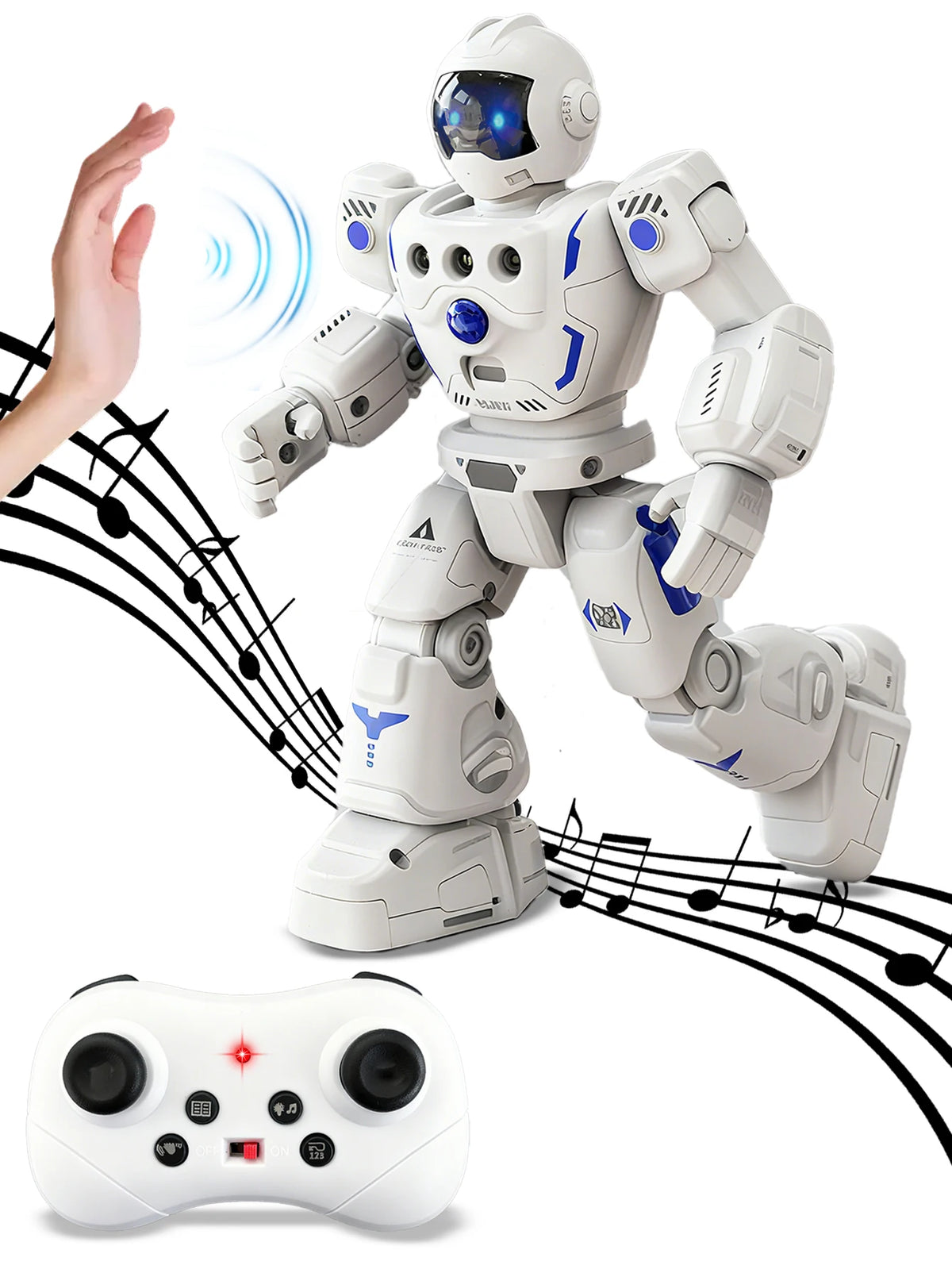 A white, humanoid robot toy with blue accents is shown next to its corresponding remote control controller.