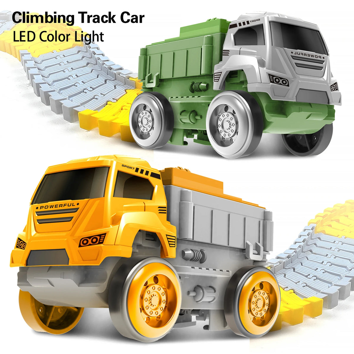 A green climbing track car and an orange dump truck are shown with a yellow LED light track set.