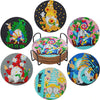 A set of seven colorful mandala flower diamond painting coasters featuring intricate floral and decorative patterns.