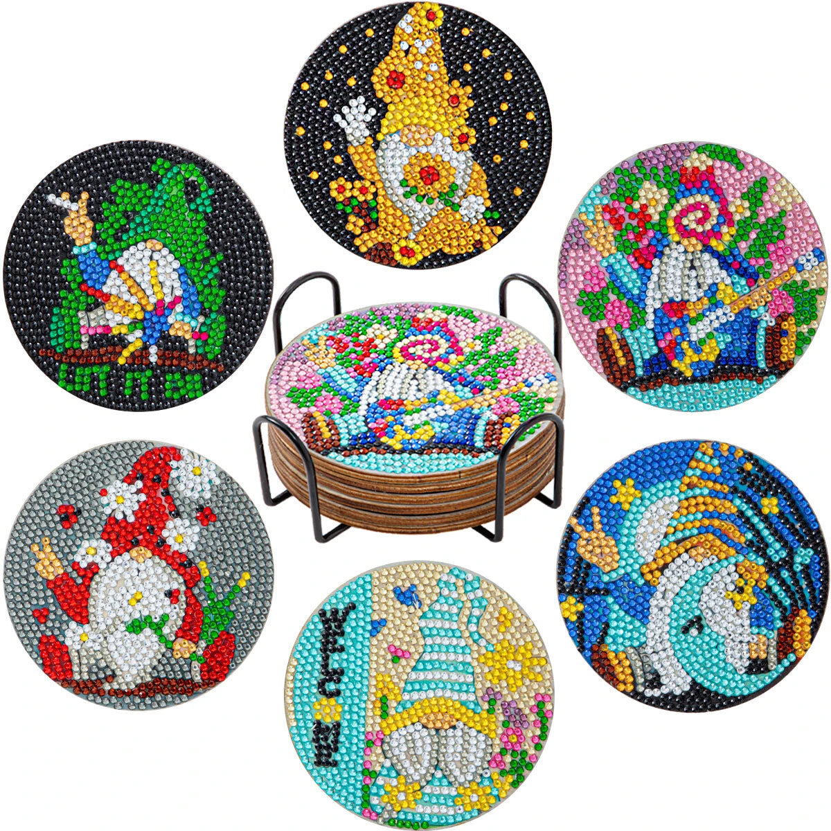 A set of seven colorful mandala flower diamond painting coasters featuring intricate floral and decorative patterns.