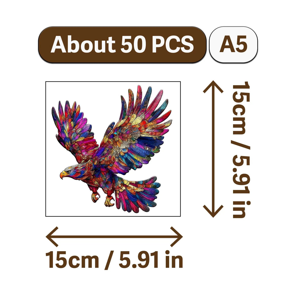 A wooden jigsaw puzzle depicting a colorful eagle with wings, measuring 15cm by 5.91in.