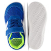 A pair of blue and white minimalist barefoot sneakers shown from the top view and sole view.