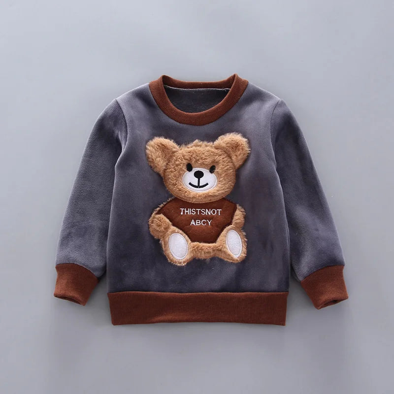 A gray fleece sweater with a brown collar and a cartoon bear design featuring the text THISISNOT ABCY.