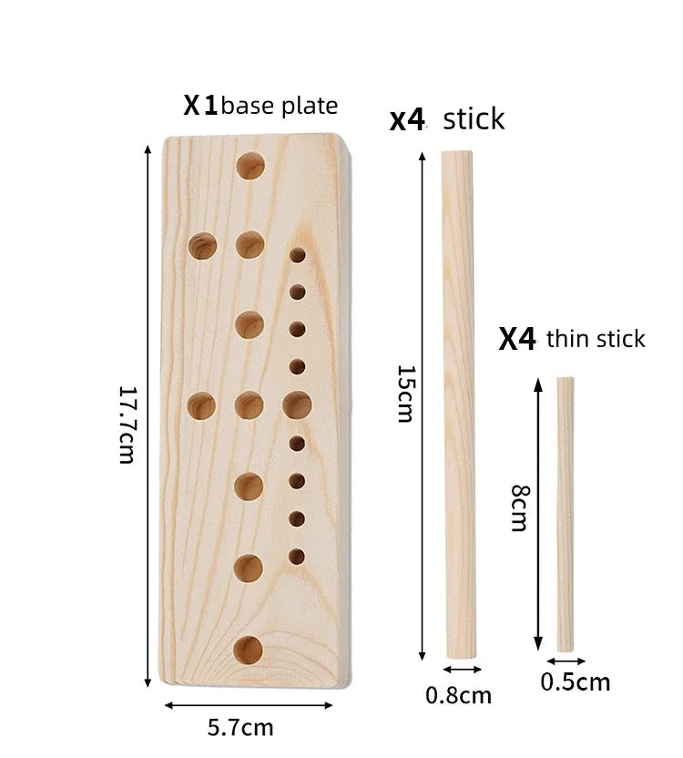 A set of wooden ribbon bow maker components including a base plate, four sticks, and four thin sticks for crafting.