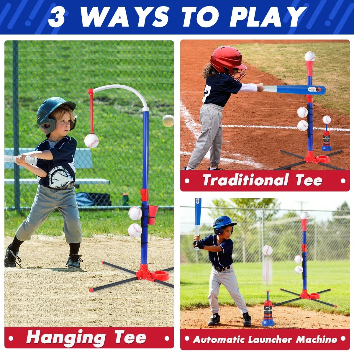 Three ways to play baseball toys including a hanging tee, traditional tee, and automatic launcher machine.