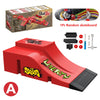 A red skateboard park set featuring ramps, rails, and a skateboard.