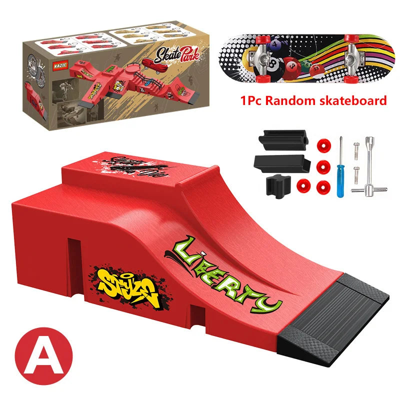 A red skateboard park set featuring ramps, rails, and a skateboard.