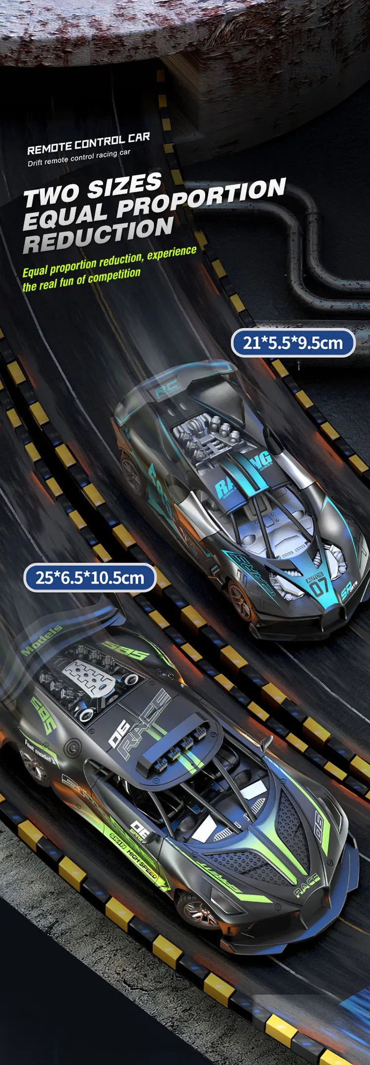 A close-up view of a black and neon green drift remote control car on a track, showing two sizes with equal proportion reduct
