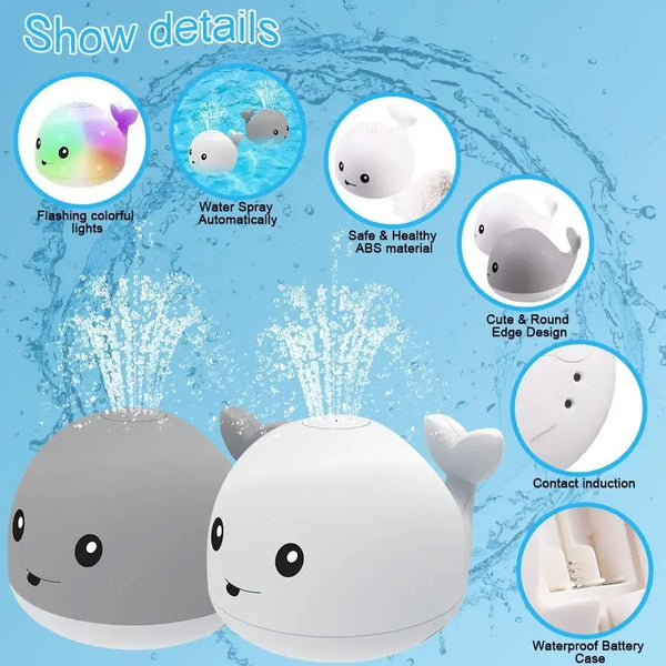 A white whale light-up bath toy with a cute round edge design and waterproof battery case.