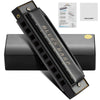 A black professional 10-hole diatonic harmonica in C is shown with its packaging and diagram.