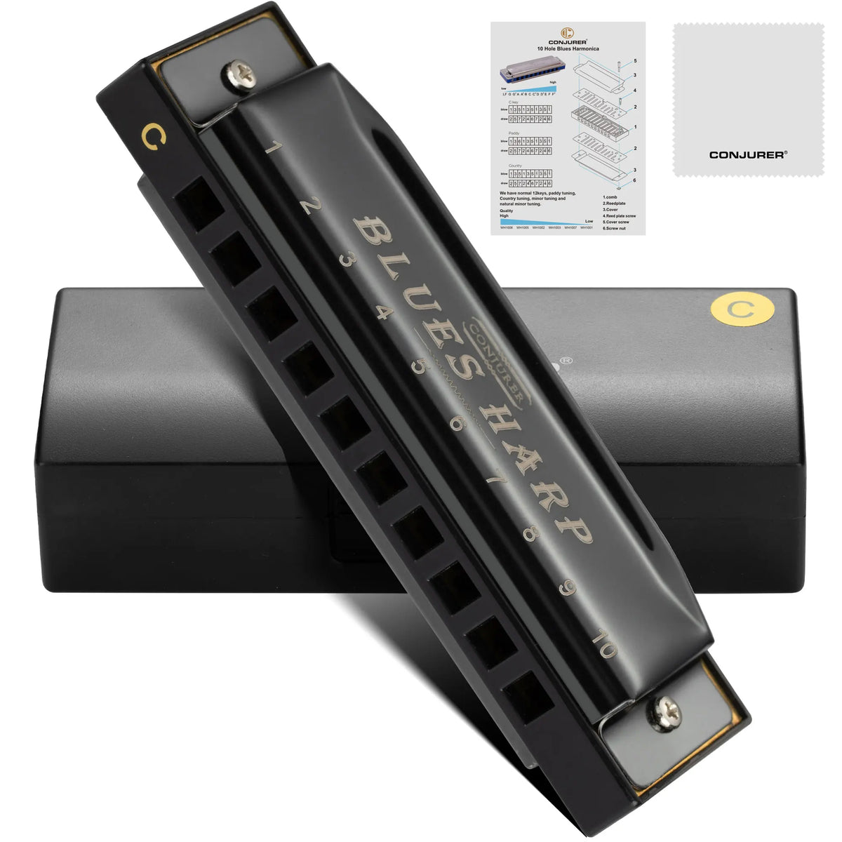A black professional 10-hole diatonic harmonica in C is shown with its packaging and diagram.