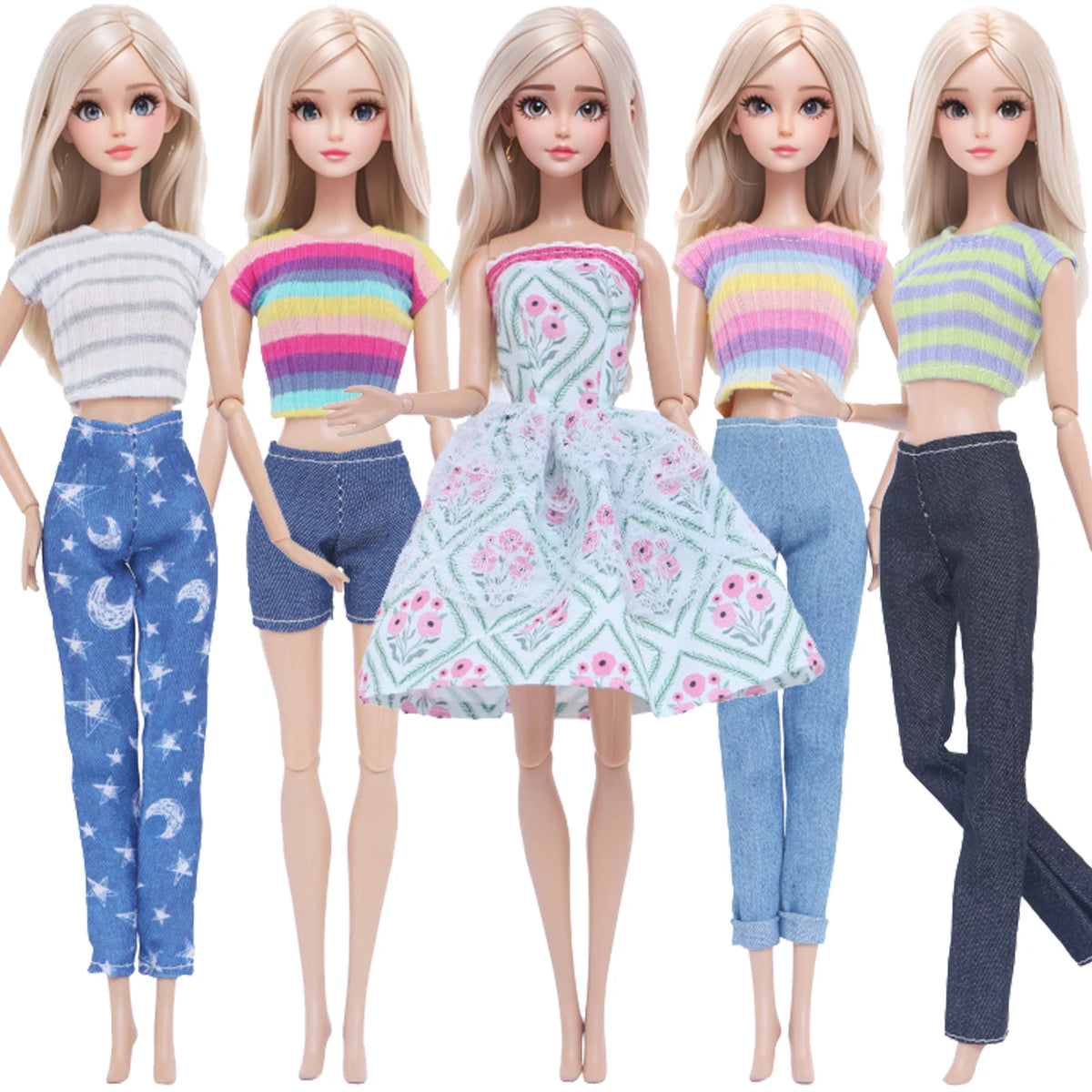 A set of five handmade casual doll outfits featuring various pastel and striped tops and denim bottoms.