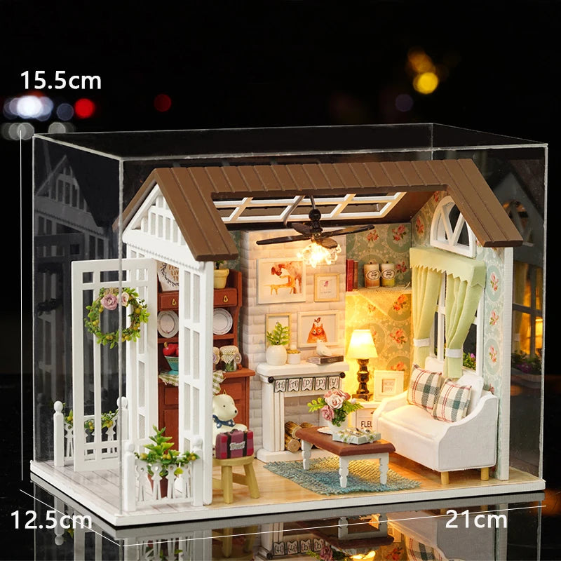 DIY Miniature Wooden Dollhouse Kit with LED Lighting