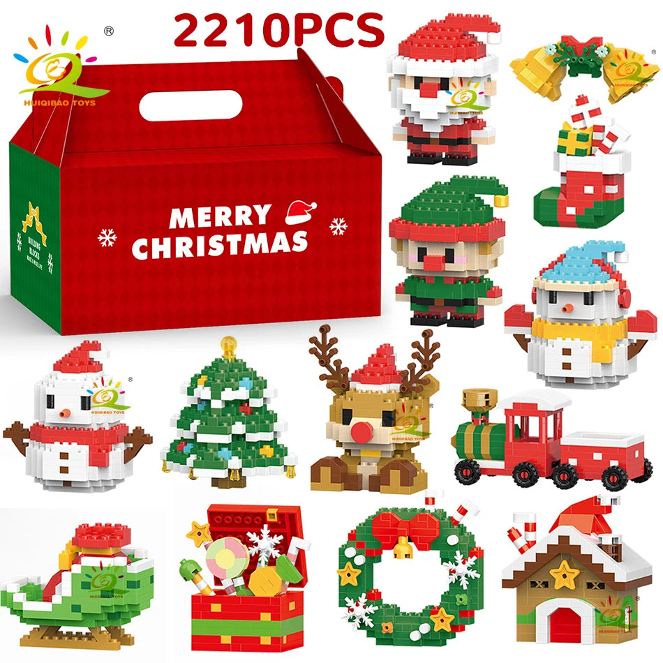 Collection de mini figurines et décorations de Noël : Père Noël, sapin et couronne.