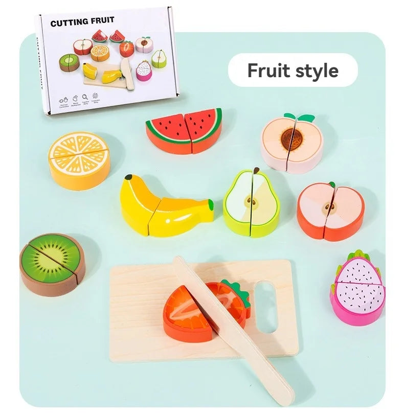 Wooden Pretend Play Kitchen Set with Cutting Fruits and Vegetables