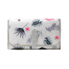 A white portable waterproof baby changing mat with a light gray carry handle and floral leaf pattern.