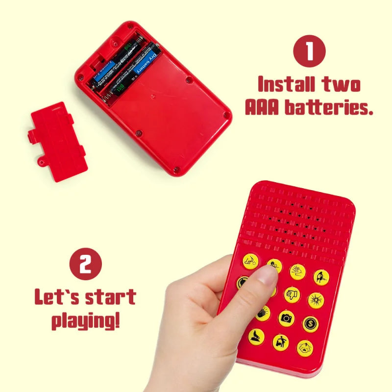 A red sound effects button is shown with instructions for installing AA batteries and starting to play.