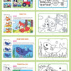 A page from a cartoon animal coloring book showing various animals like farm animals, a fox, a shark, and a cow.